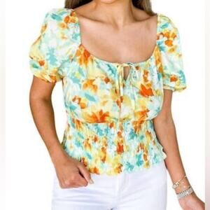 NWT KUT FROM THE KLOTH scoop neck cropped smocked top in green/orange/white - L